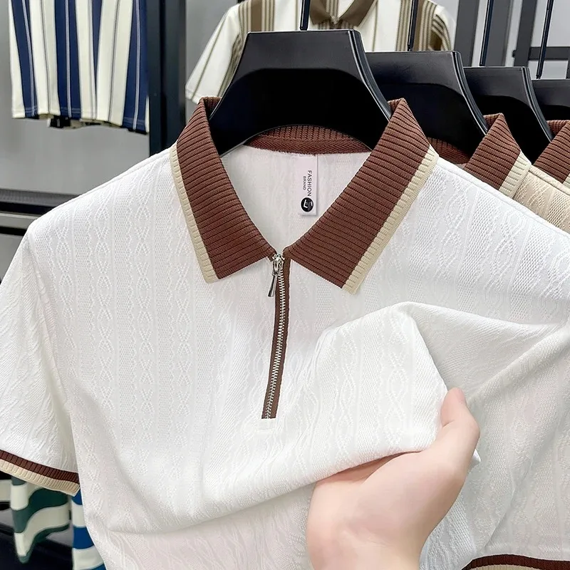 Luxury half zipper short sleeve polo shirt summer thin breathable new fashion jacquard T-shirt comfort casual lapel men's wear