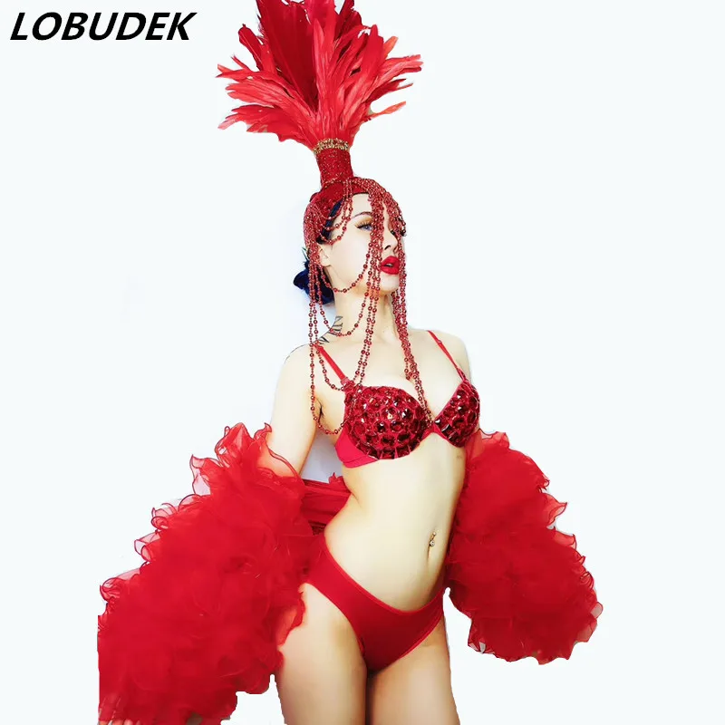 

Red Beading Feathers Headgear Rhinestones Bikini Shawl Dance Outfits Female DJ Singer Models Catwalk Party Show Stage Costume