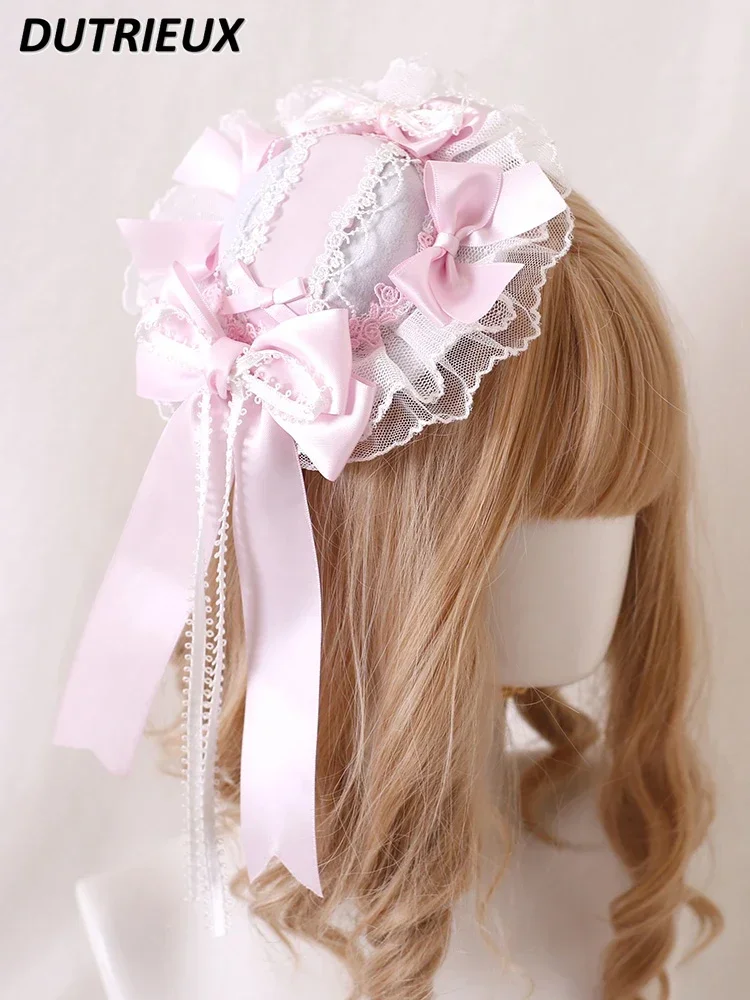 

Original Pink Silk Satin Lolita Hair Band Side Clip Headband KC Sweet Kawaii Girls Feather Flat Hat Accessories Hairbows