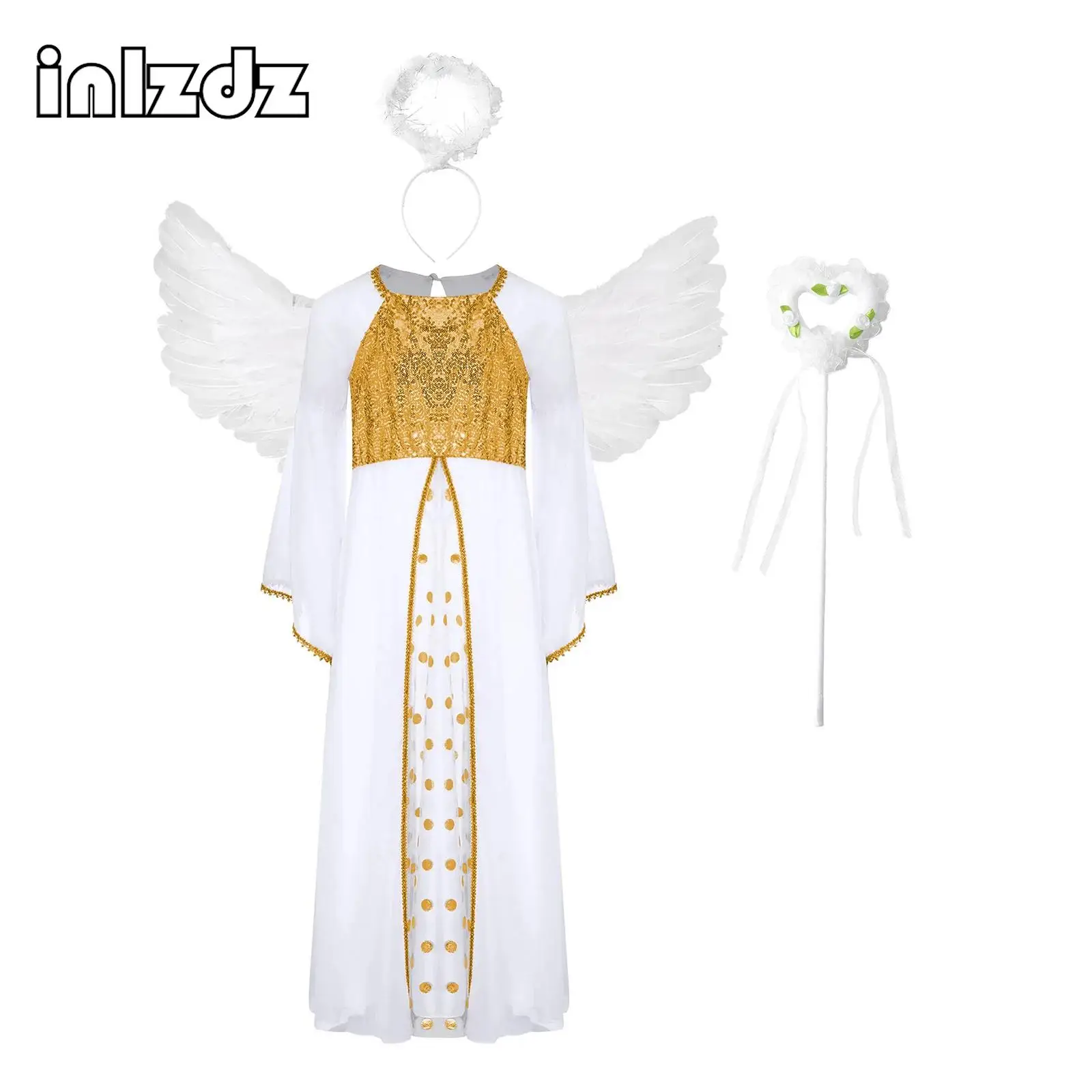 

Angel Dress for Girls 4Pcs Angel Cosplay Costume Outfit Girls Halloween Kids Stage Performance Birthday Carnival Dance Vestidos
