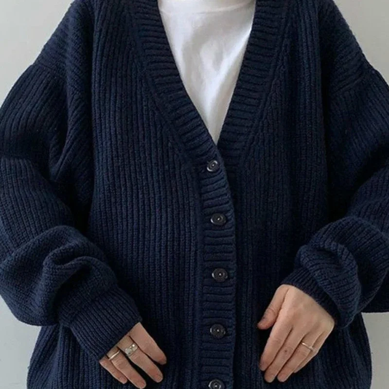 Navy Blue Ladies Sweaters V-neck Knitted Top for Women Cardigan Winter Button New Knitwear Y2k Vintage Fashion 2024 Long Sleeve