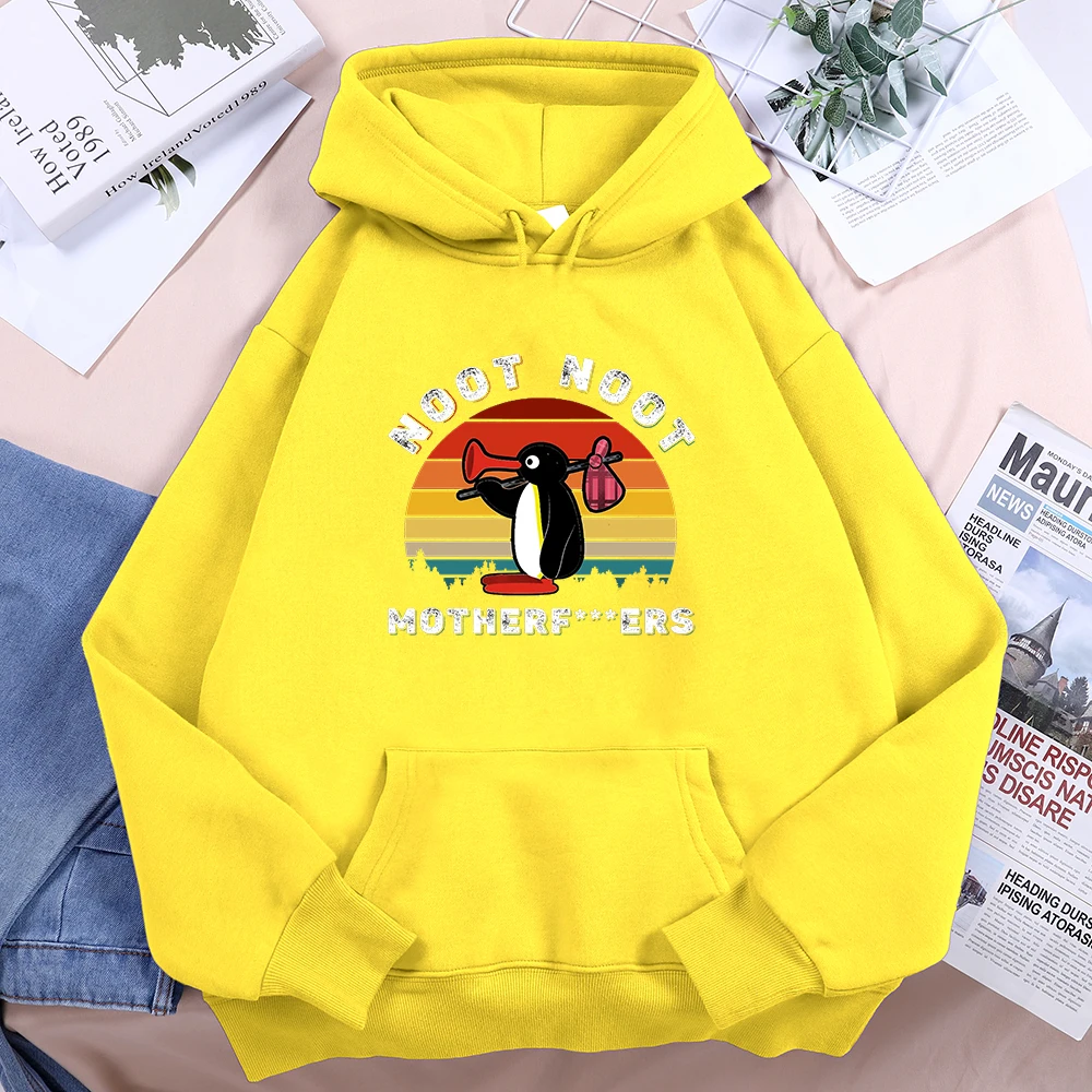 Noot Cute Running Penguin Printing Hoodies Women Funny Pocket Streetwear Hip Hop Hip Hop Clothes Fleece Crewneck Female Hoody