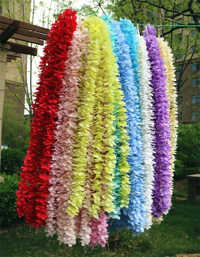 

50pcs/lot 2M Artificial Wisteria Cattleya String Wedding Hall Hanging Hydrangea Vines Wedding Background Decoration Ceiling Fl