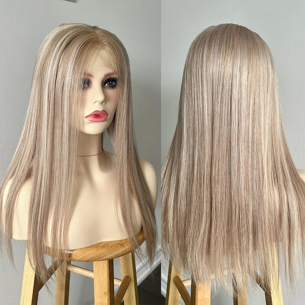 

Ashy Tone Baby Blonde Silky Straight Wig With Platinum Highlights Full Lace Wig Virgin Human Hair HD 13x6 Lace Front Wig