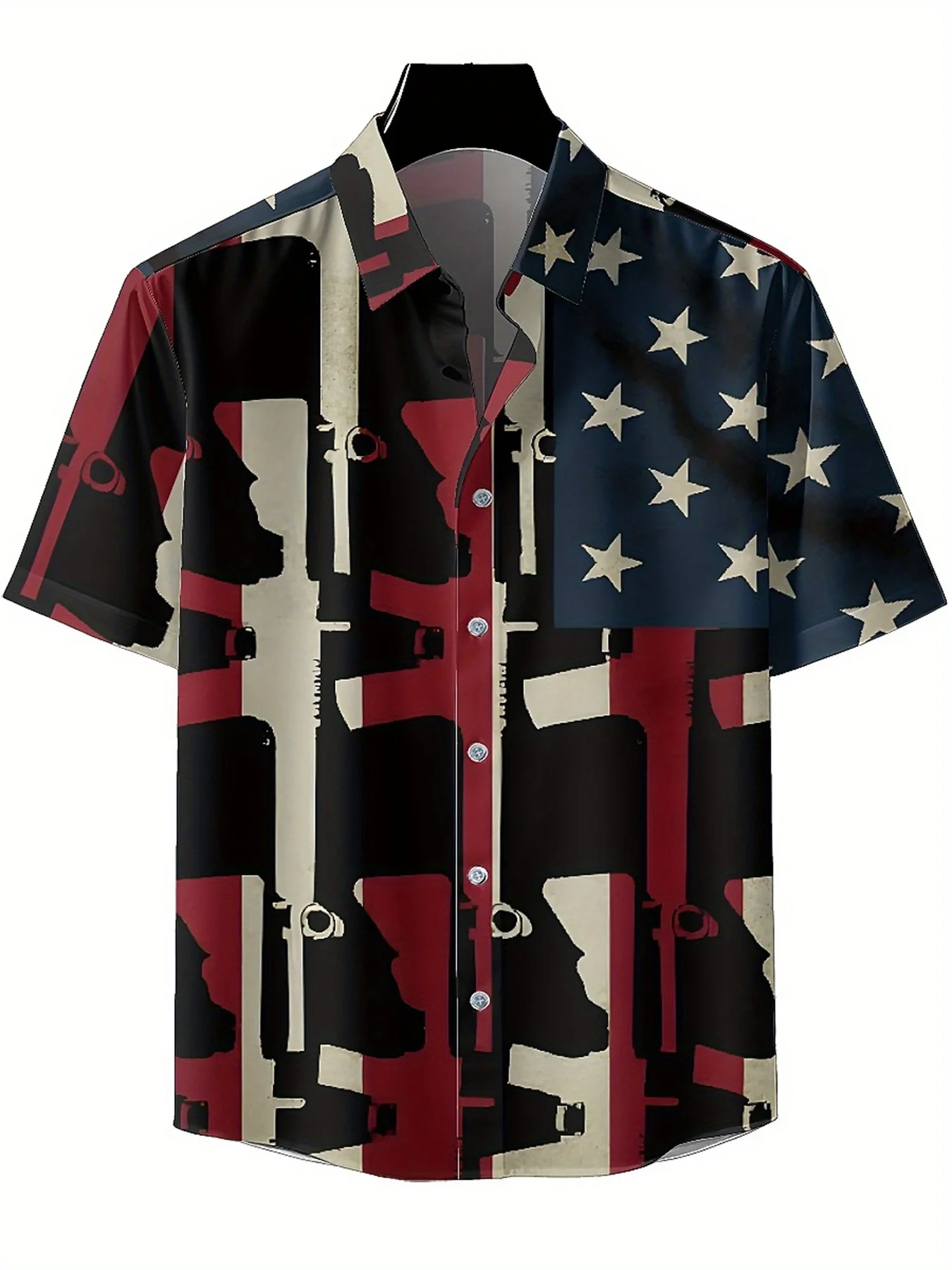 Men's Plus Size Hawaiian Shirts Classic Red, White and Blue and Guns Pattern, Summer Casual Tops, Suitable for Outdoor and Party