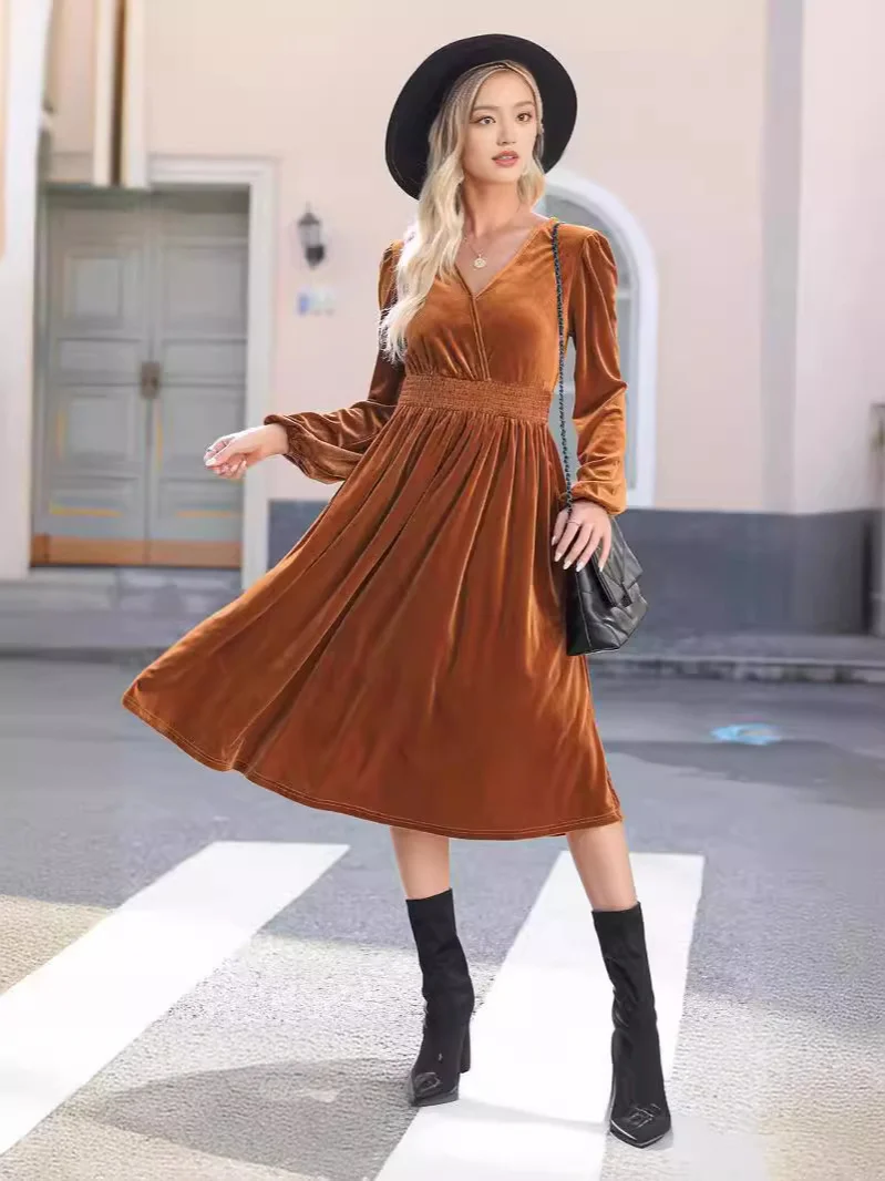 New Long-sleeved Solid-color Outerwear Dress Women Autumn Winter 2024 European American  High Waist Long Skirt