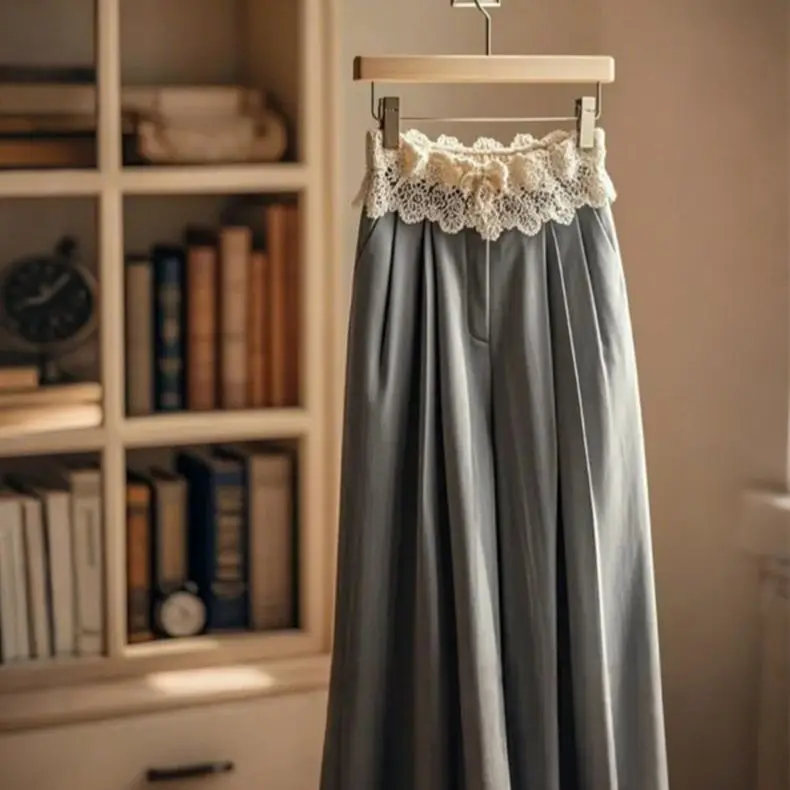 Gray lace high-waisted sports wide-leg straight-leg pants children's new spring small wear women y2k pants