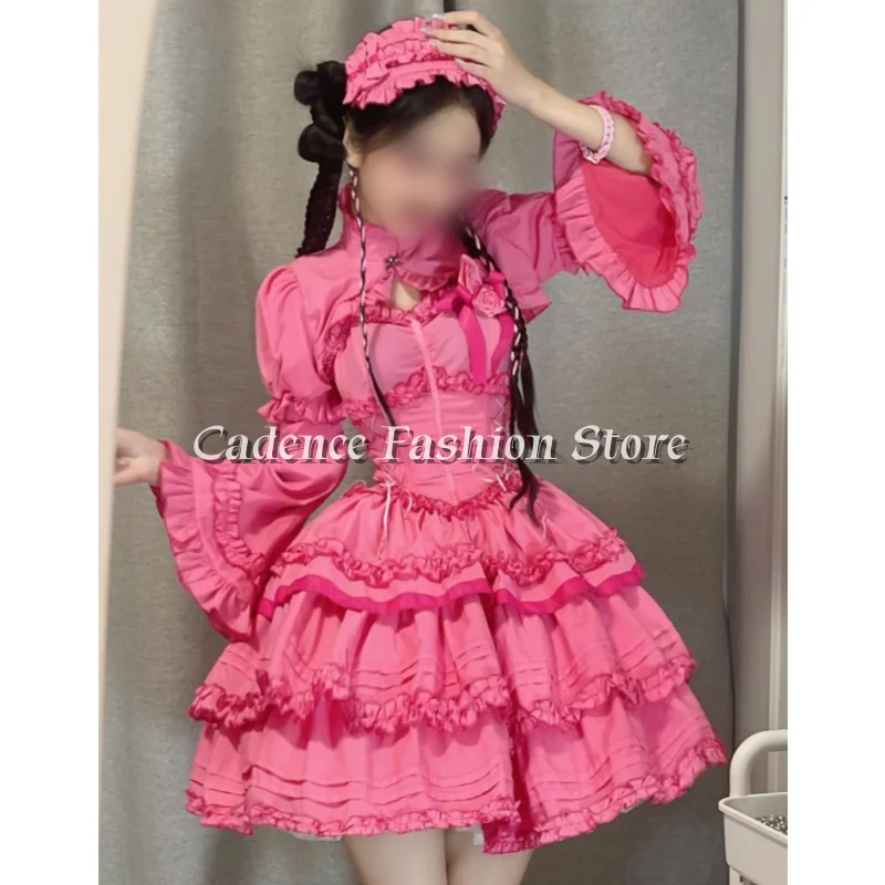 

Customized Fluorescent Pink Victorian Evening High Neck Flared Sleeve Pleated Waisted A-line Cake Dresses Prom Dresses