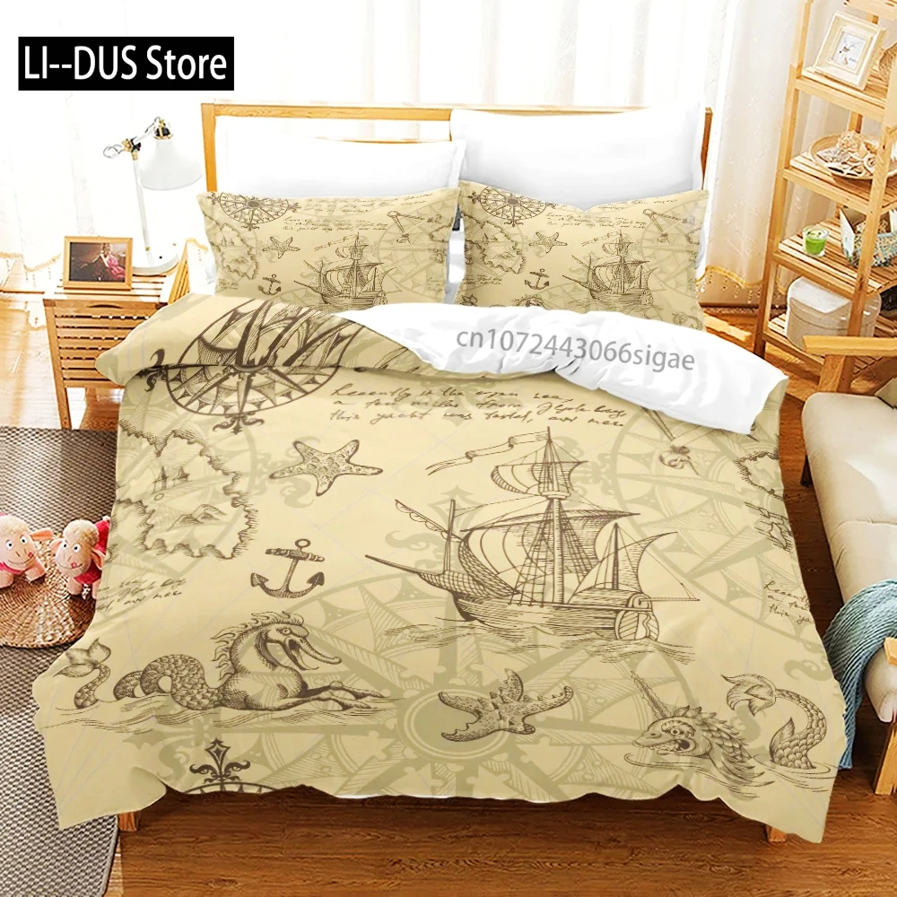 

Nautical Pirate Duvet Cover Set Sailboat Theme Bedding Set Palm Tree Island Treasure Hawaiian Beach Cartoon Comforter Cover Full