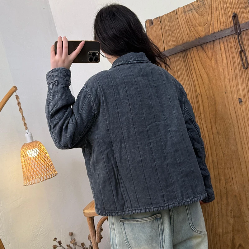 2025 New Arrival Winter Women Casual Double Breasted Long Sleeves Cotton Parkas Turn-down Collar Warm Thickened Coats H124