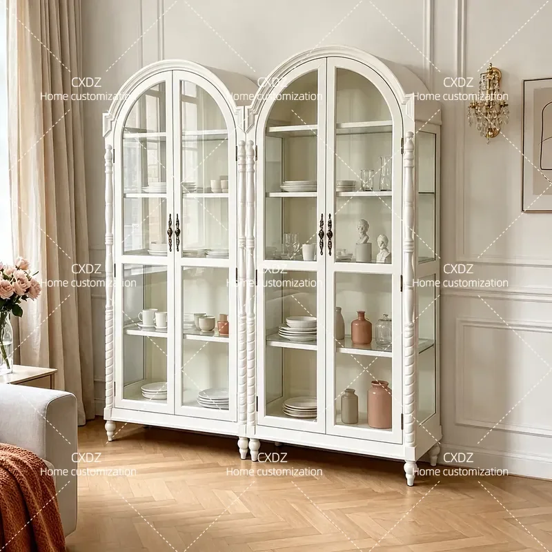 Retro Solid Wood Carved Flower Wine Cabinet Living Room Glass Door Double Door Display Cabinet Light Luxury Curved Bookcase
