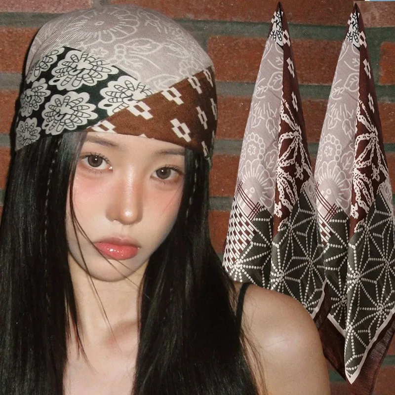 

American Style Patchwork Floral Print Headscarf Women Vintage Hip-hop Large Bandana Neckerchief Girls Elegant Square Scarf