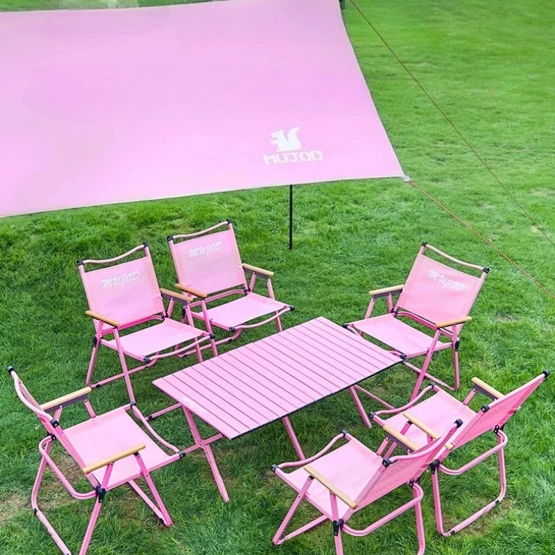 

Outdoor Exquisite Camping Rose Red Tables and Chairs Pink Carbon Steel Chicken Rolls Table Foldable Portable Picnic Equipment