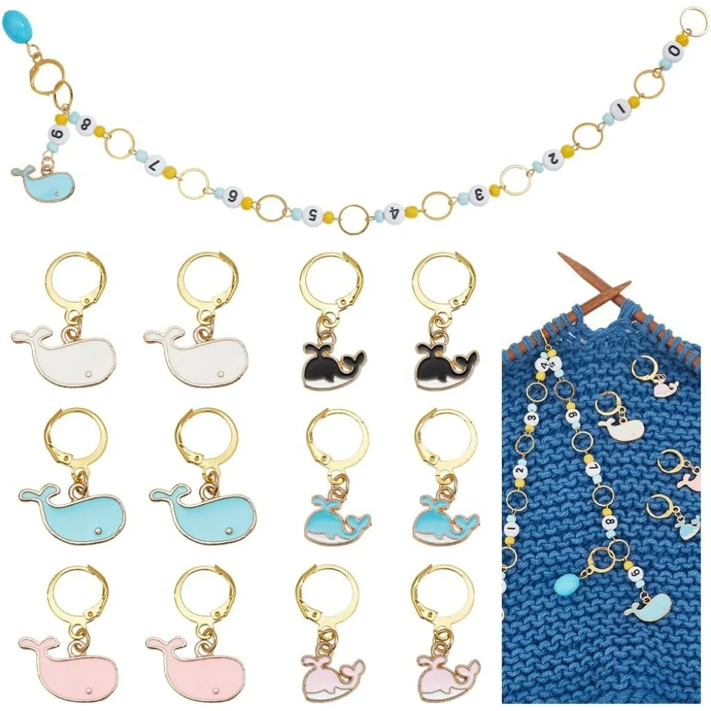 1 Pcs Whale Knitting Row Counter Chains and 12 Pcs Whale Stitch Markers, Alloy Enamel Charms Stitch Marker for Knitting