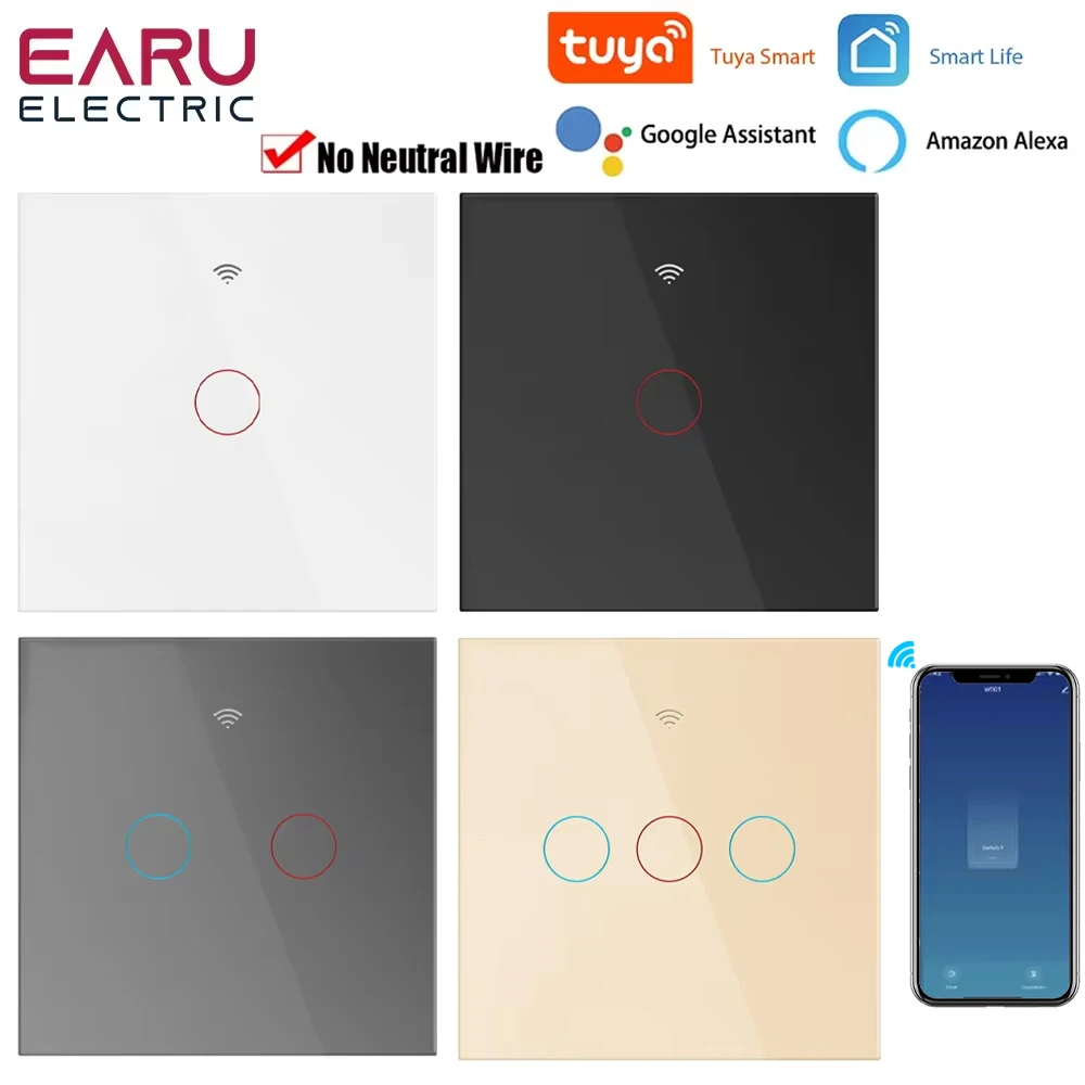 

Умный выключатель света EU Tuya WiFi со стеклянной панелью, сенсорным датчиком, умный настенный выключатель без нейтрального провода, пульт дистанционного управления Google Home