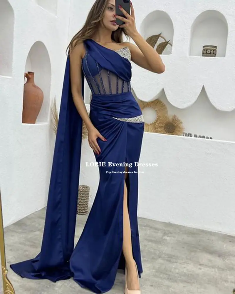 LORIE Navy Blue Mermaid Princess Evening Dresses Fish Bone Robe de Soiree Side Split Beaded Long Prom Gowns Vestidos de Fiesta