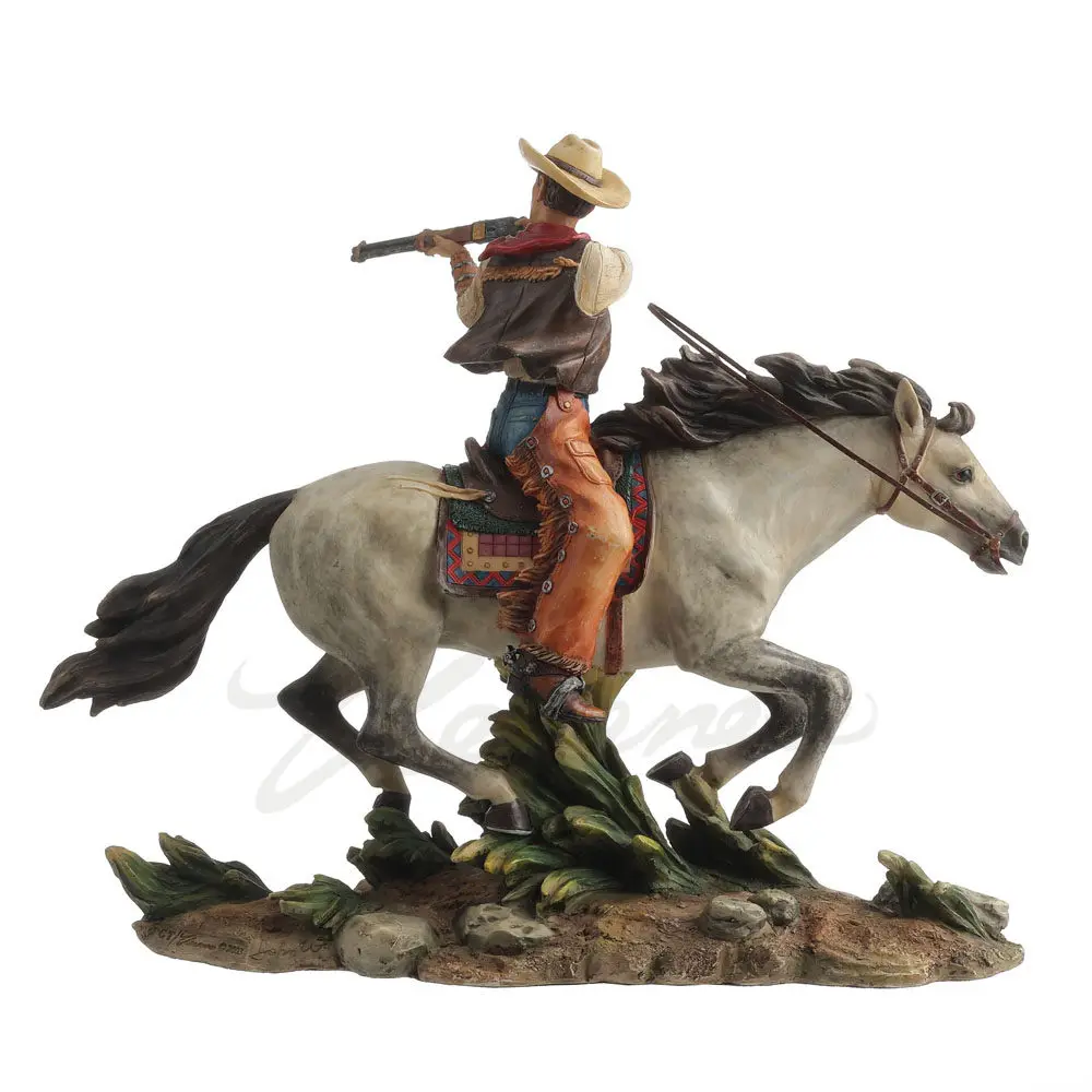 Western Cowboy on Horseback Firing Rifle Hand Painted Polyresin Statue Wild West Collectible Figurine for Home Office Decor Gift