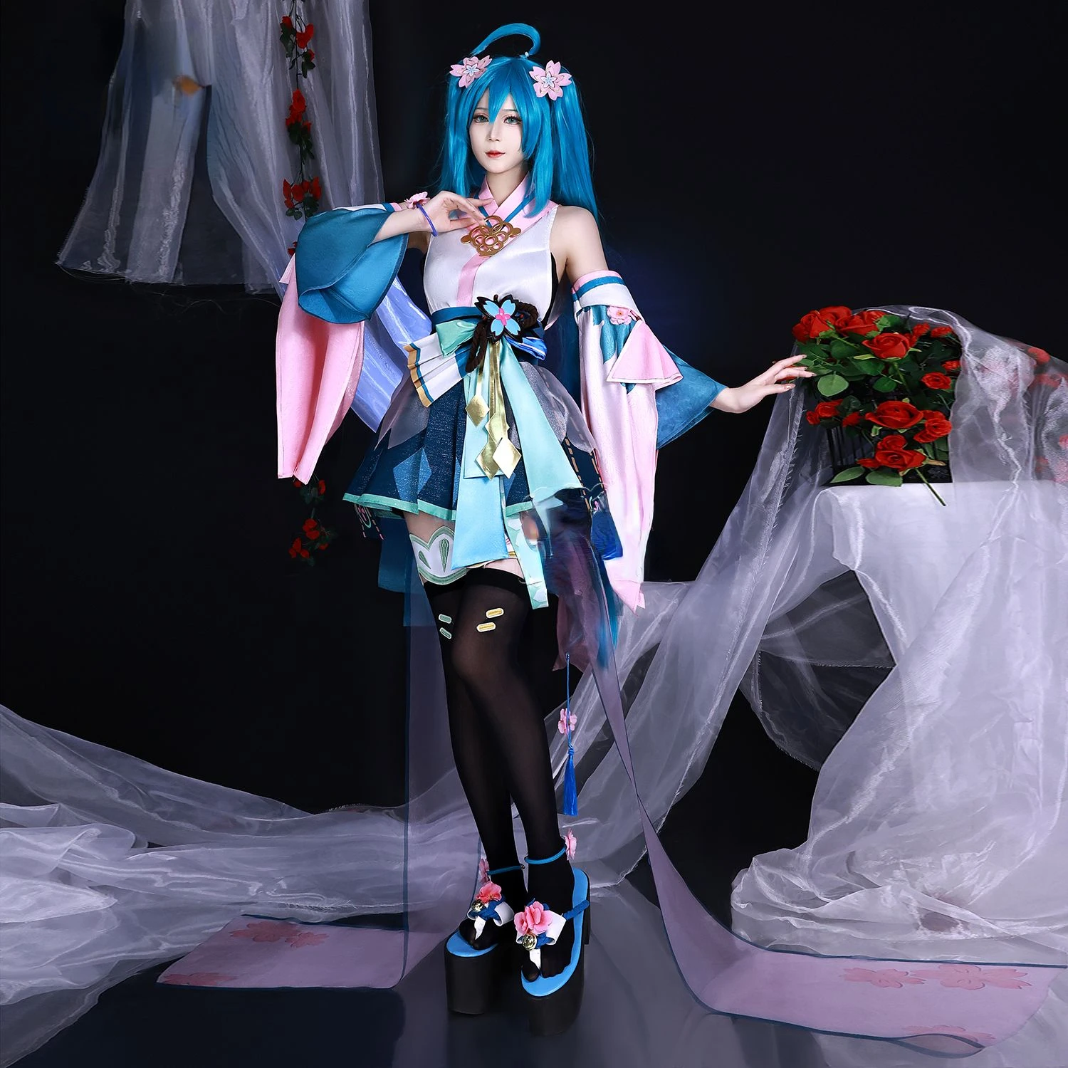 ANIMECC-Peluca de disfraz de Miku, Cosplay de juego de Anime Onmyoji X Mikuu, uniforme de Kimono Janpese, trajes de fiesta de Halloween