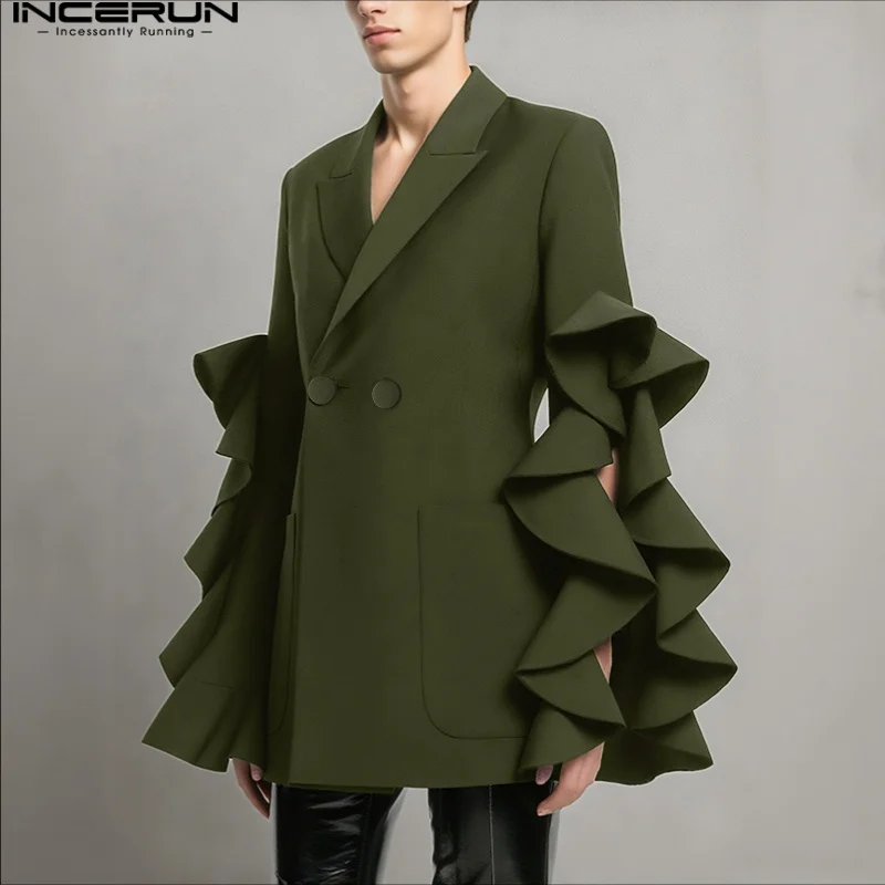 INCERUN Men Blazer Solid Color Lapel Ruffle Sleeve Casual Male Suit Streetwear Loose 2025 Personality Elegant Fashion Thin Coats