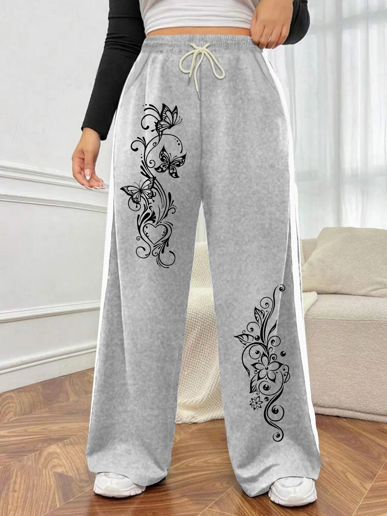 2026 New Style Women Wide Leg Sweatpants Butterfly Floral Heart Vine Print Side Contrast Stripe Casual Street Trousers kids