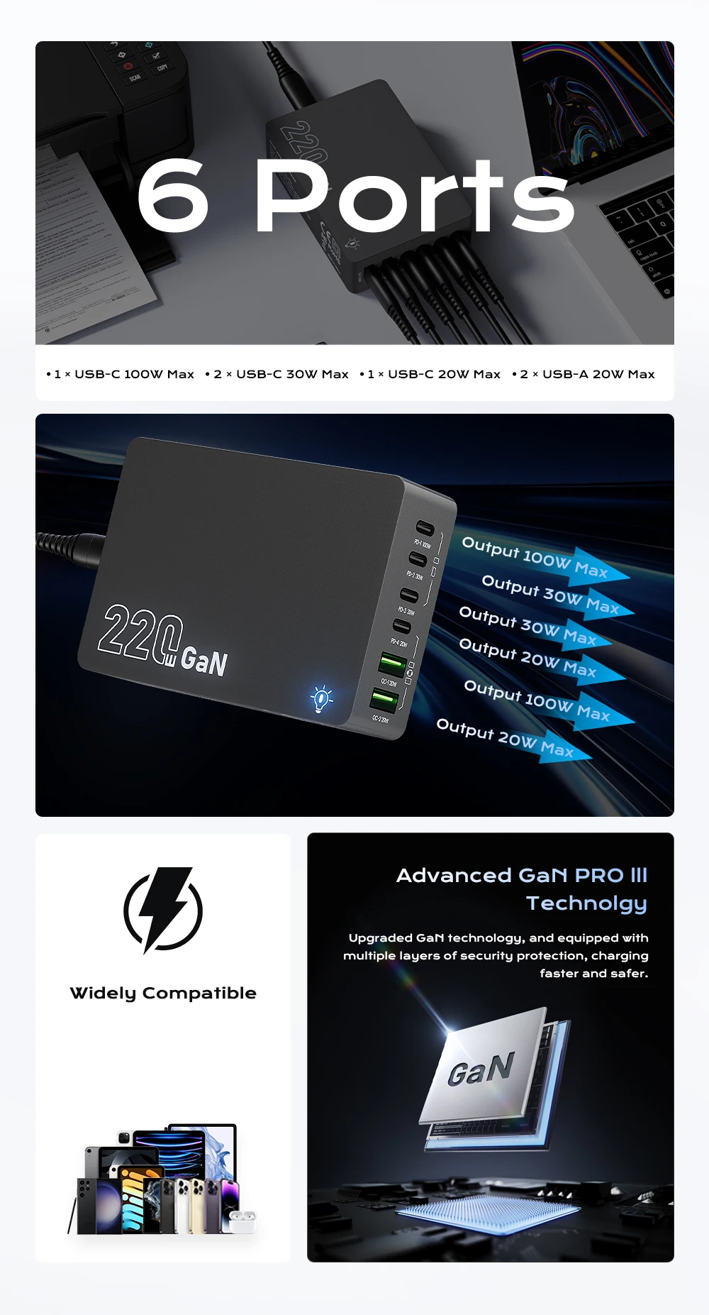 220W GaN Desktop-Ladegerät mit 6 Anschlüssen, PD 100W USB Typ C QC 3.0 Schnellladestation für iPhone 17 Pro, Tablet, MacBook, Samsung Laptop – Detail 2