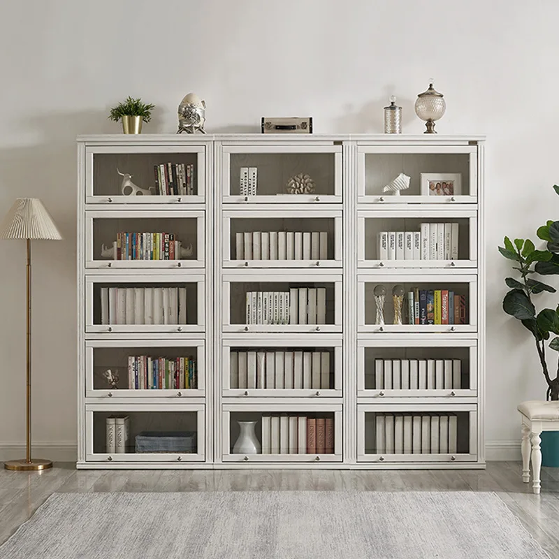 American solid wood bookcase living room floor dust-proof glass door decorative cabinet integrated storage against the wall