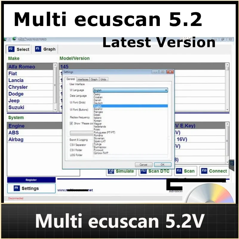 New Multiecuscan V5.2 Registered for Fiat/Chrysler/Dodge/Jeep/Suzuki Scanner Software Work with ELM327 / OBD II Diagnostic Tool