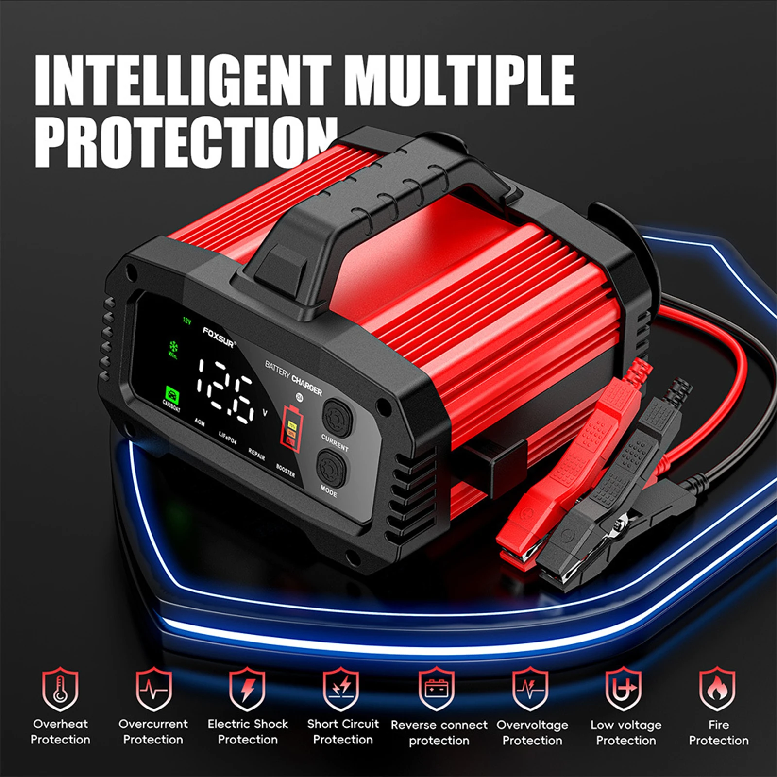 FOXSUR 25A Smart Car Battery Charger 12V/25A Portable Battery Charger Optional Charging Current Aluminum Alloy Shell