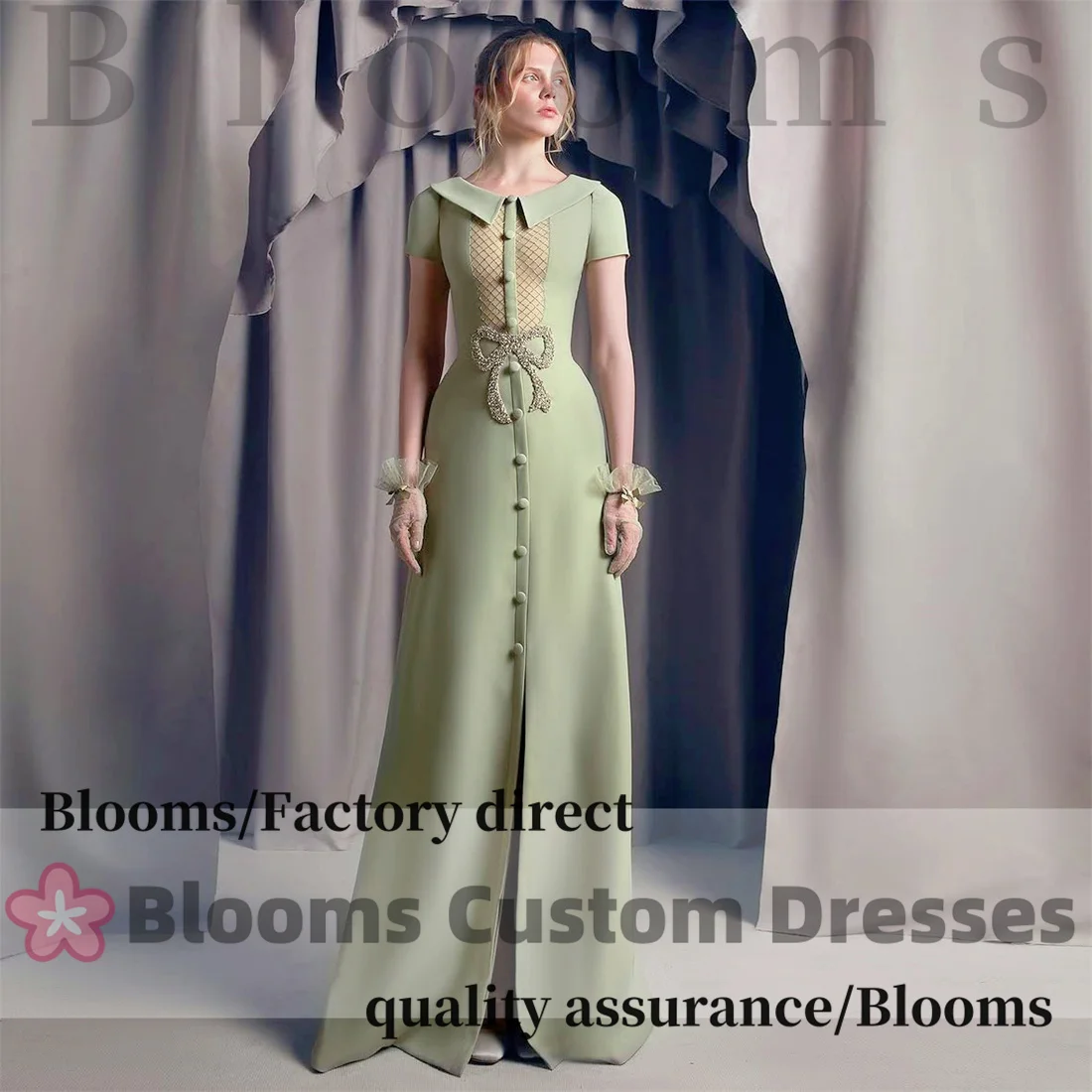Customized Sage Green Bow Beaded Elegant Evening Dresses For Special Occasions Short Sleeve Buttons A-Line Prom Dress Party Gown