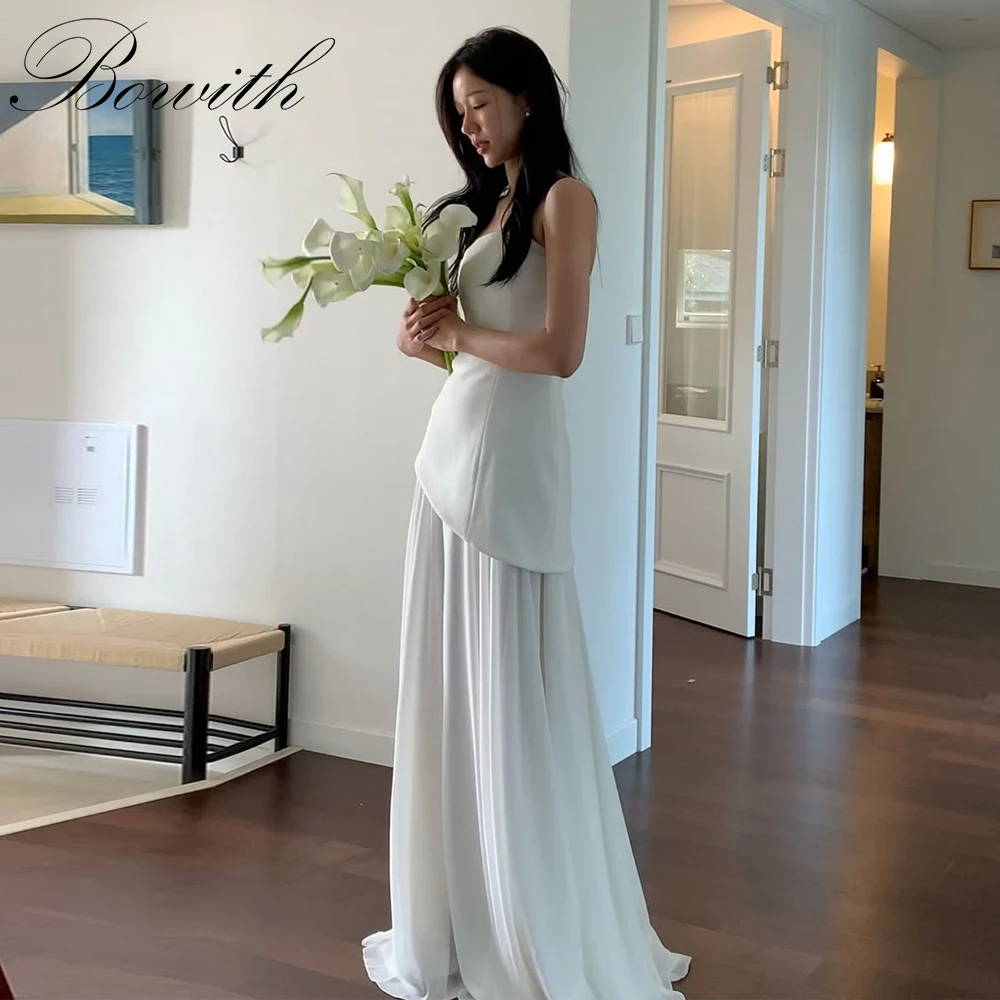 Bowith Korean Wedding Dresses Strapless Patchwork Satin and Chiffon Bridal Gown Customized Sleeveless Wedding Party Dresses