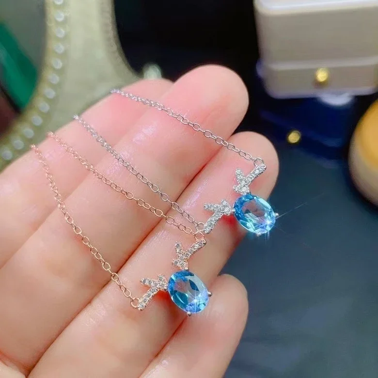 Cute Silver Deer Head Pendant with Gemstone 6*8mm Natural Light Blue Topaz Necklace Pendant 925 Silver Topaz Jewelry Gift