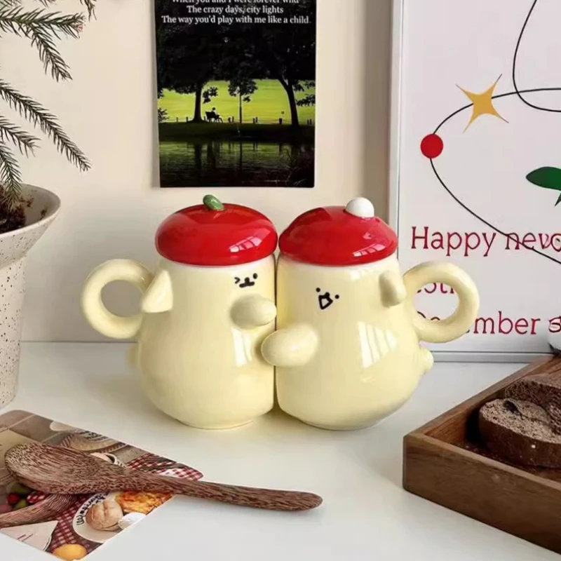 Hug Couple Pair Cup Creative Ceramic Cups with Lid High Value Couplewater Bottle Couple Gift, Cartoon Style，360ml