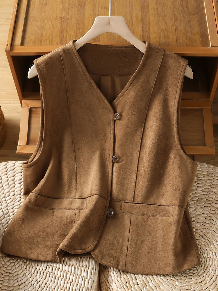 Caramel Color V-Neck Suede Vest Sleeveless Short Jacket Women's Fashion Autumn New Style Button up Outerwear Regular Fit