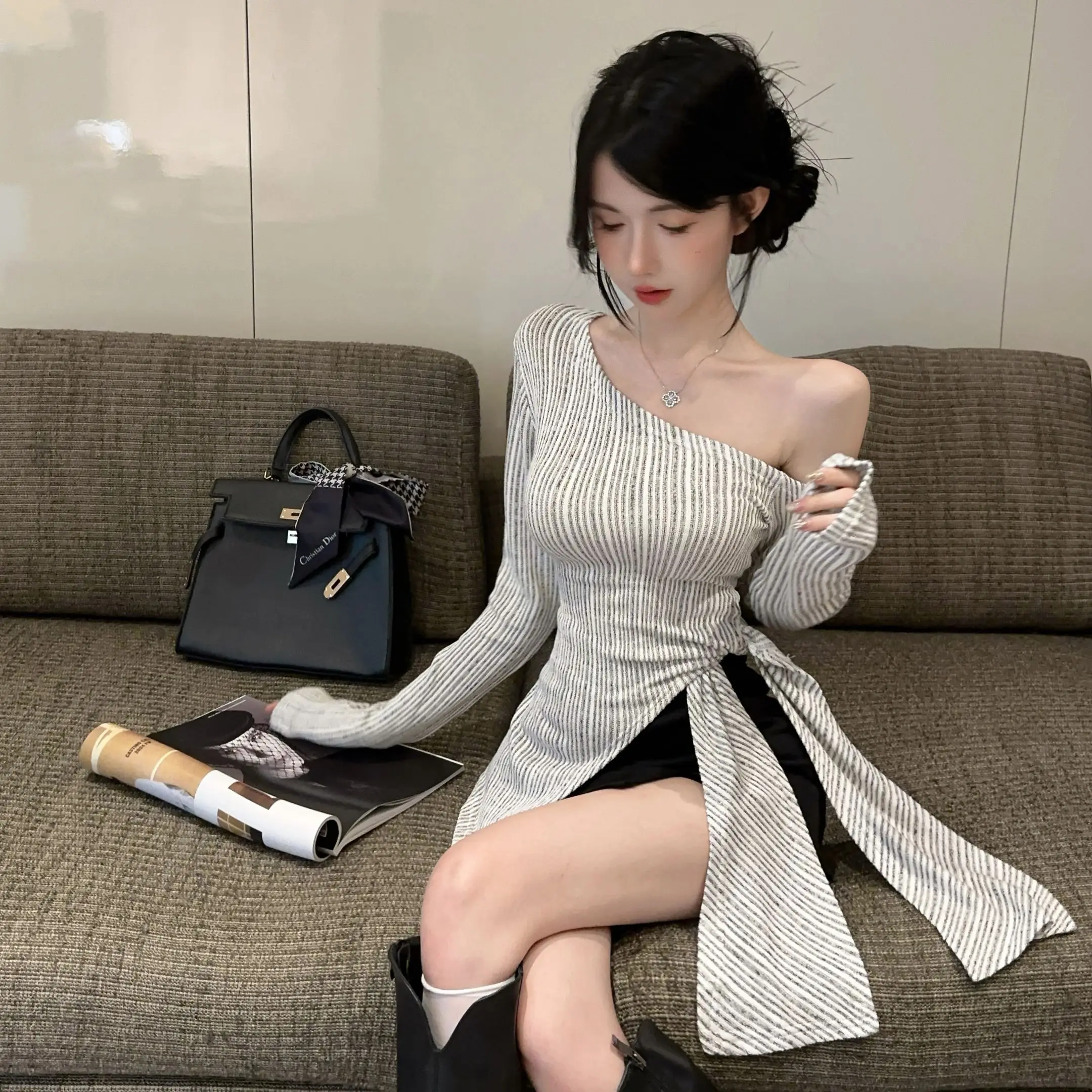Women Irregular Design Niche Slant Collar Vertical Texture Long Sleeve Knit Sweater Autumn Korean Slim Fit Tie Top