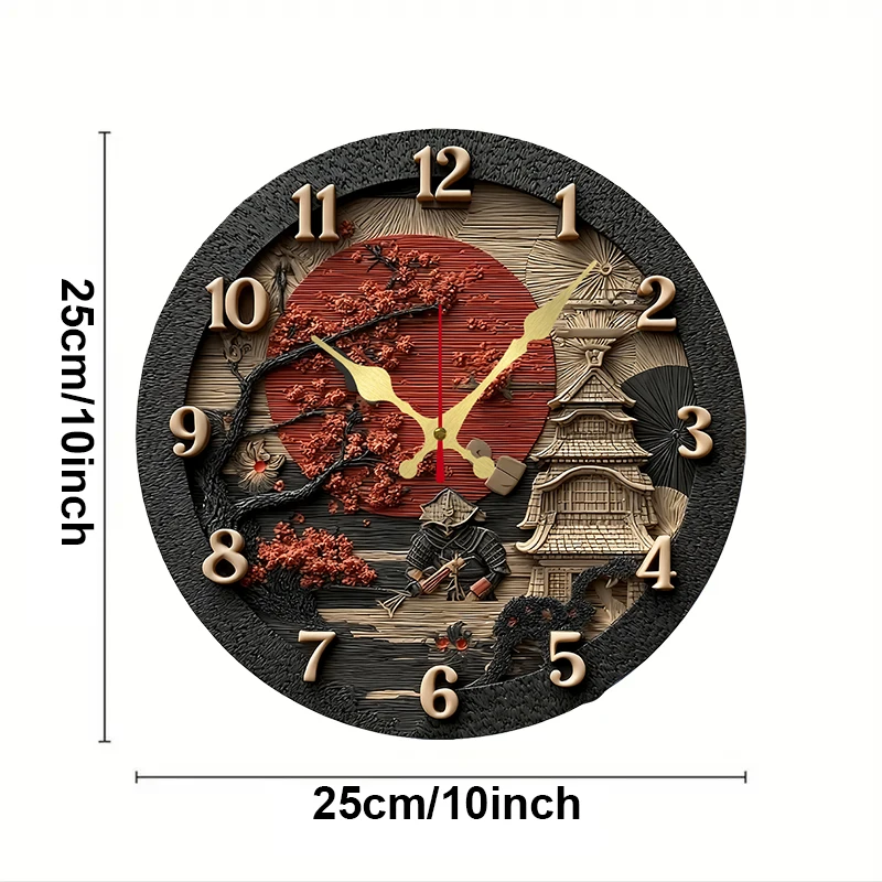2D Samurai Themed Wooden Round Silent Hanging Wall Clock, Suitable For Living Room, Office, Study Room, Bedroom, Home Decoration view 2