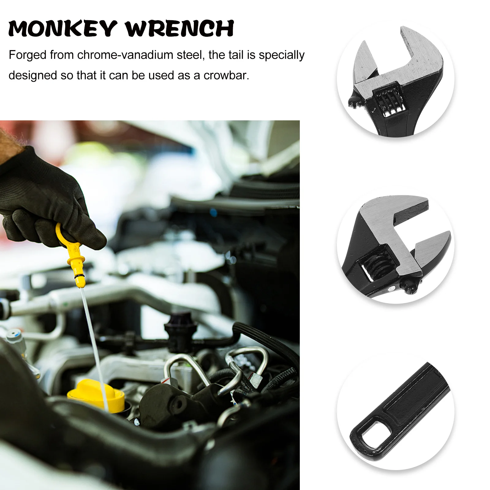 

Adjustable Wrench Wide Opening 30mm Heavy Duty Forged Chrome Vanadium Steel Pointed Tail Crowbar Adjustable Jaw Spanner