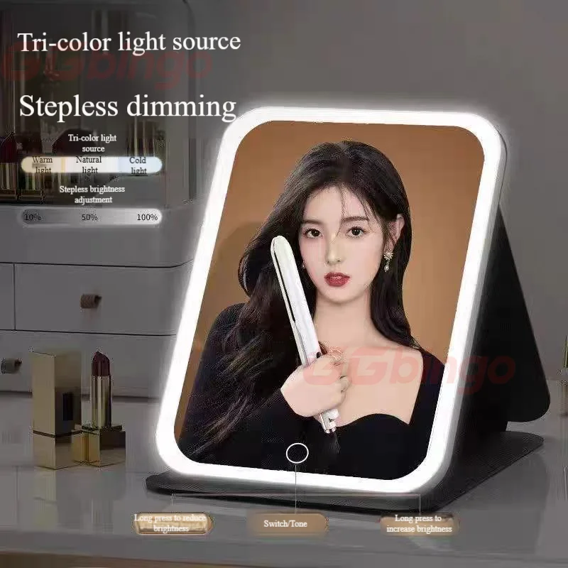 LED Dimmable Makeup Mirror 3 Colors Light Modes Adjust Brightness USB Charing Fold Mirror Tabletop Vanity Mirror for Travel Home