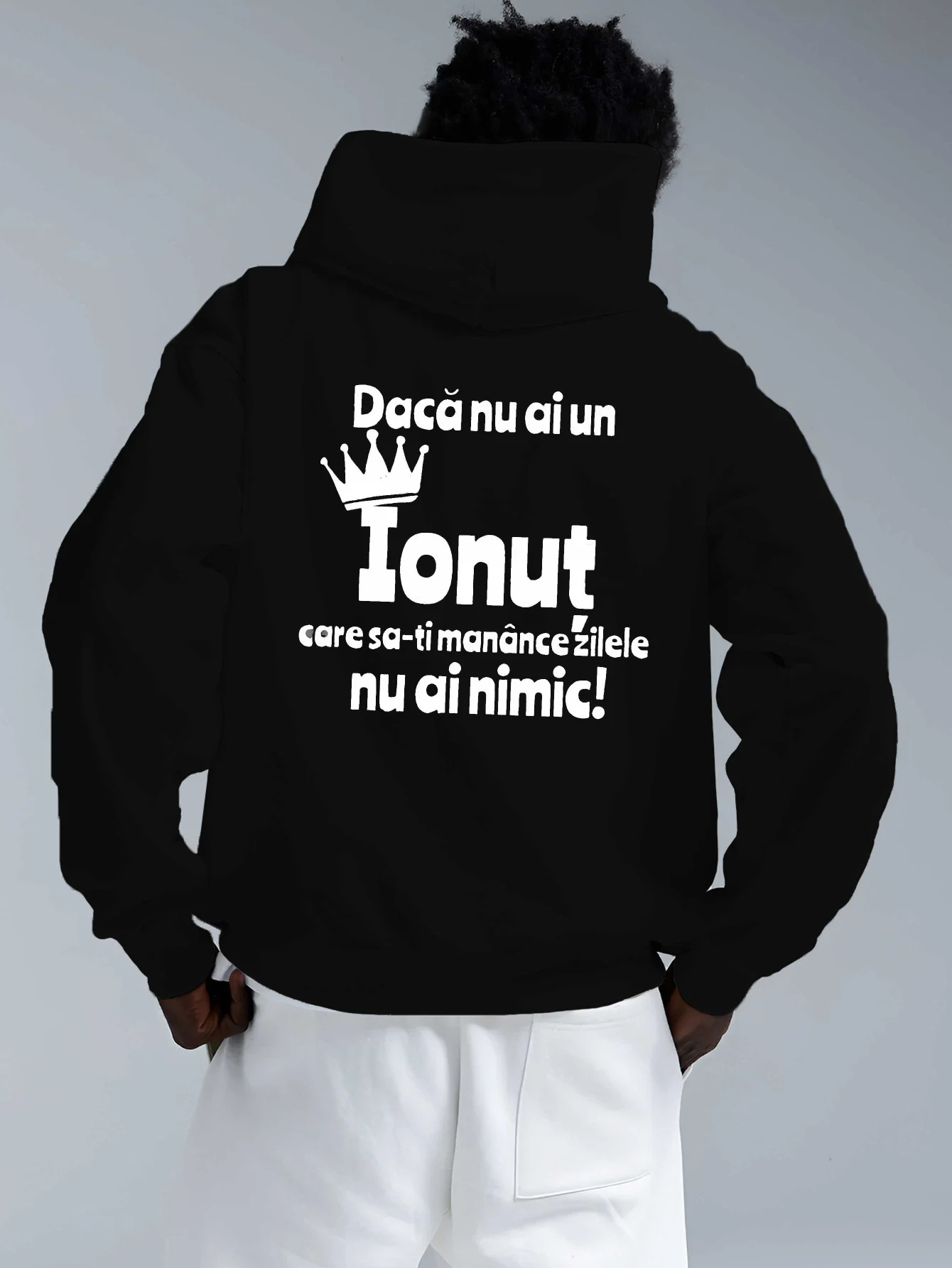 

Funny Romanian Hoodie - Loose-fitting Romanian Phrase Print (Romanian Text) Hoodie, Black and White Casual Pullover Shirt