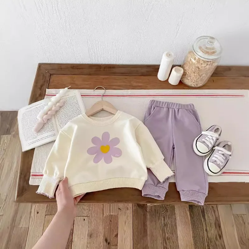 2026 Autumn Kids Girls Two-piece Clothes Set Bellbell 1-4Yrs Baby Girls Flower Sweatshirts Suits Loose Elastic Waist Purple Pant