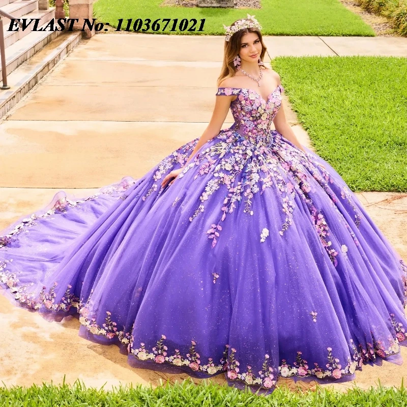 

EVLAST Customized Purple Quinceanera Dress Ball Gown 3D Floral Applique Beaded Crystals Cape Sweet 16 Vestido De 15 Anos SQ261