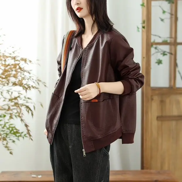 Jianmeng PU หนัง outwear 2025springnew ARRIVAL ซิปเสื้อสเวตเตอร์ถักเบสบอลสไตล์ผู้หญิงเสื้อแจ็คเก็ตหนัง Jacket80601