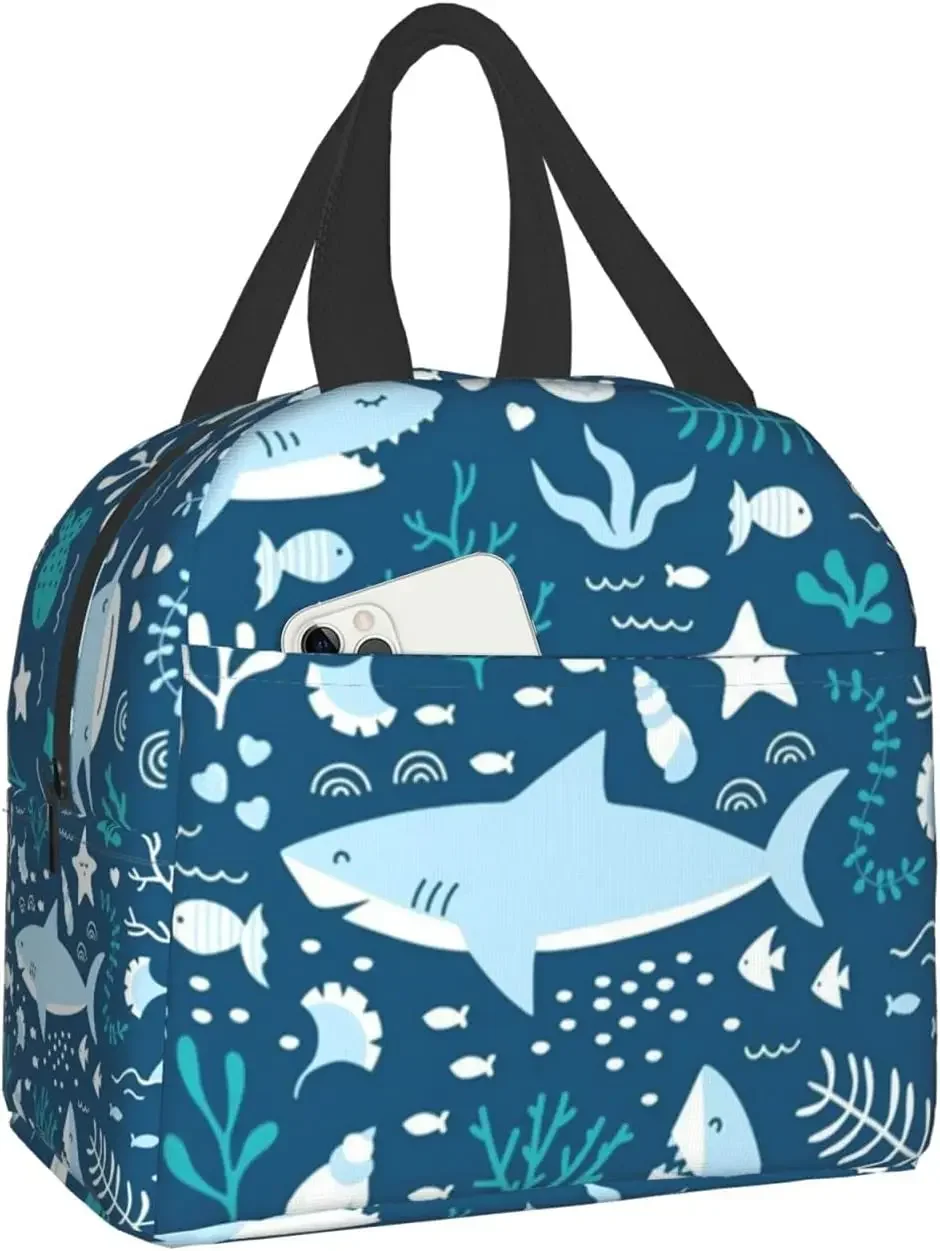 Insulated Lunch Bag for Work School Picnic Blue Cute Shark Cooler Lunch Box Containers for Adults Thermal Tote Portable Reusable