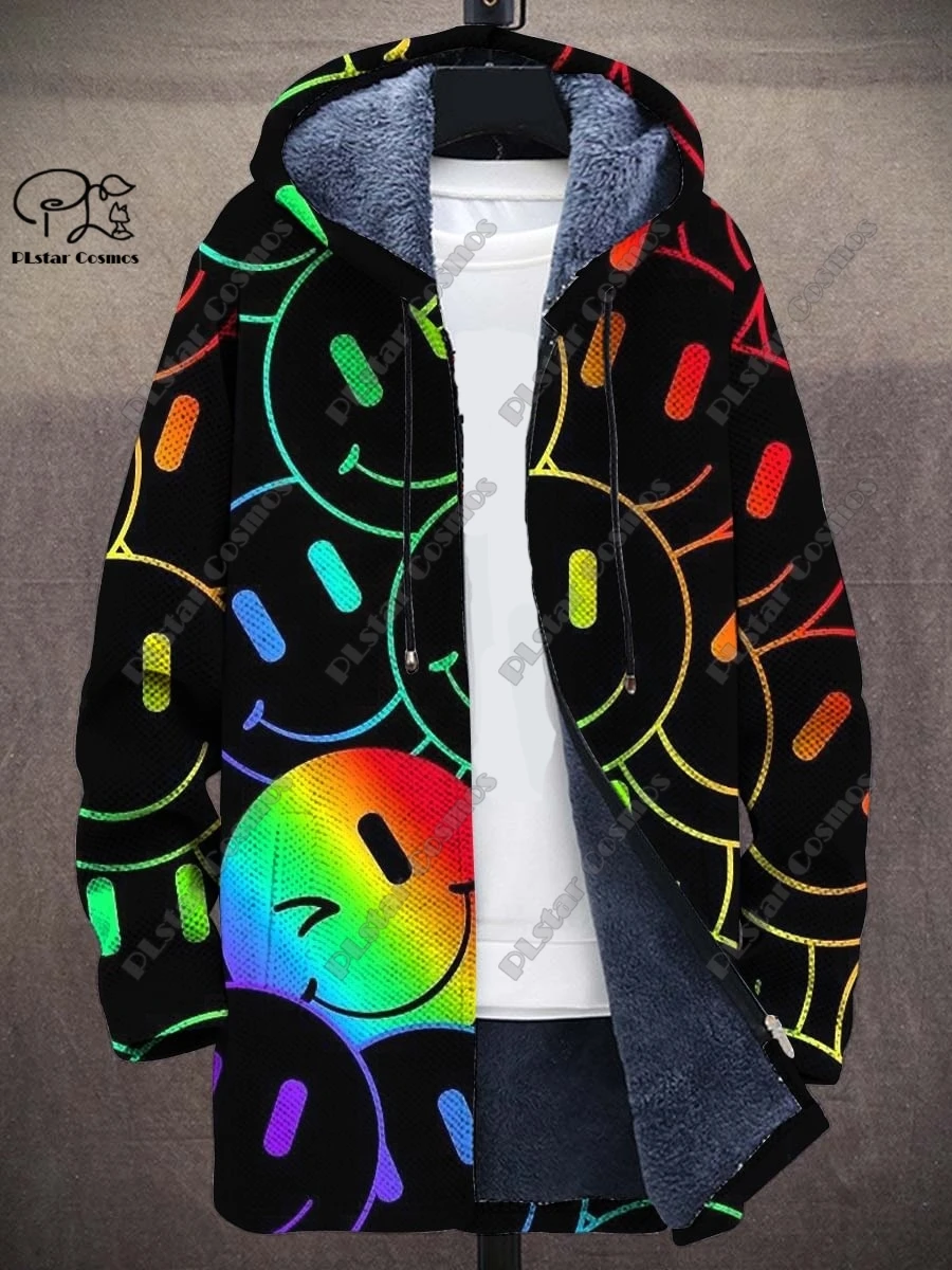 New 3D printing retro abstract art multi-color winter hooded zipper coat men's women's fleece universal casual warm jacket D-3