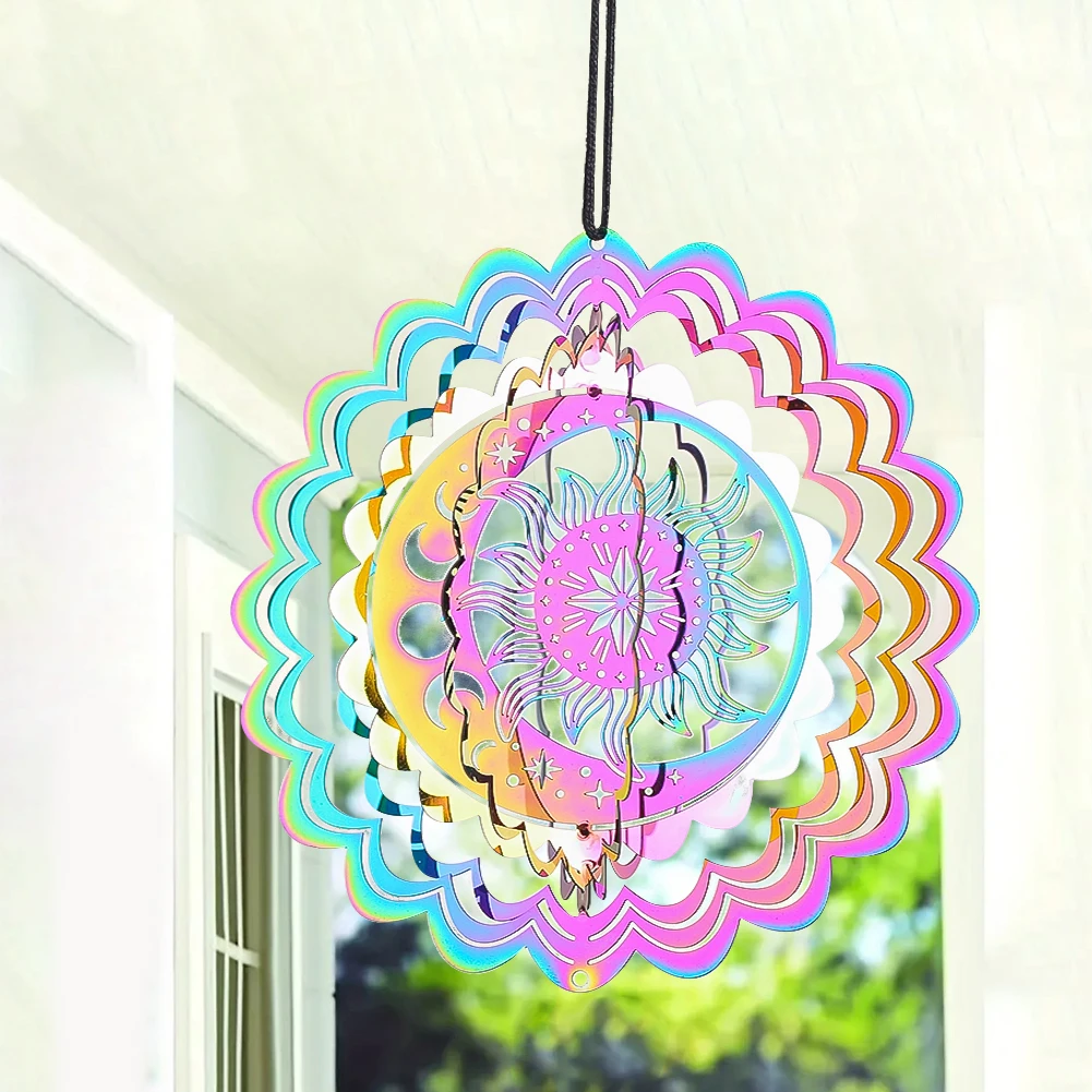 Sun Wind Spinner Hanging Gradient Color Moon Star Whirligig Wind Chimes Sun Catcher 3D Visual Effect Bird Deterrent Garden Decor