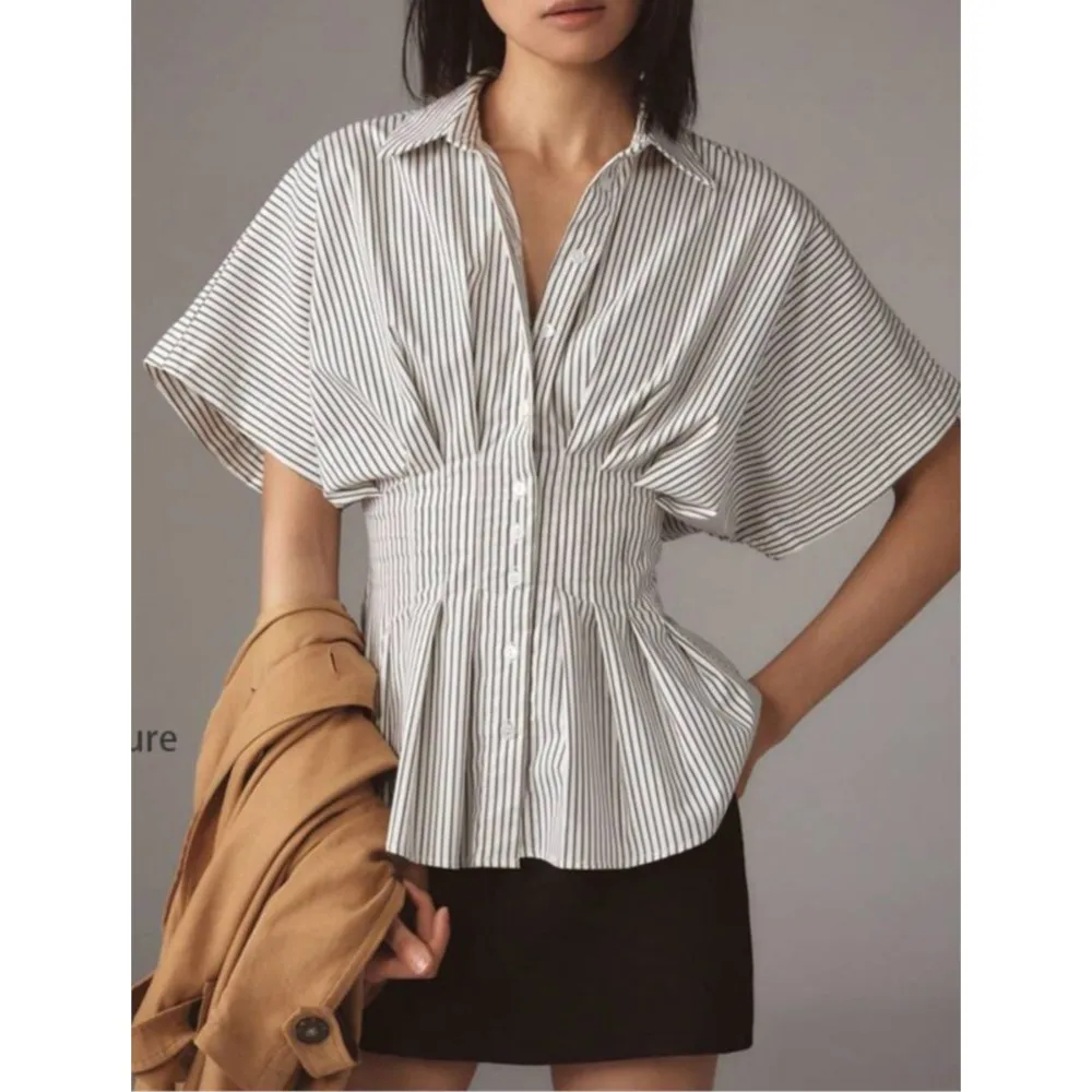 

Повседневная полосатая короткая женская рубашка с принтом, модная однобортная универсальная элегантная женская офисная рубашка с завязкой на талии