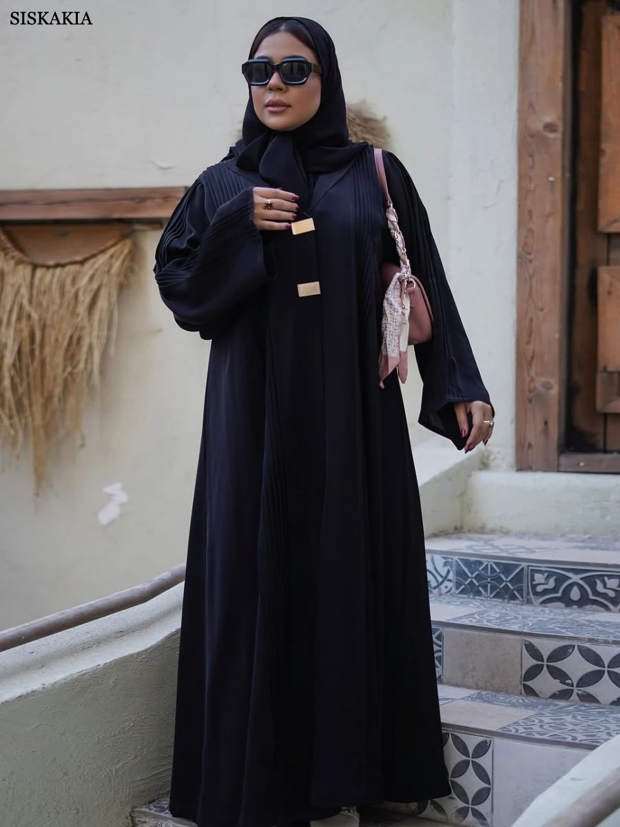 Siskakia ใหม่ดูไบ Elegant หลวม Maxi Abaya มุสลิมสั้นผู้หญิง Kaftan จีบชุด