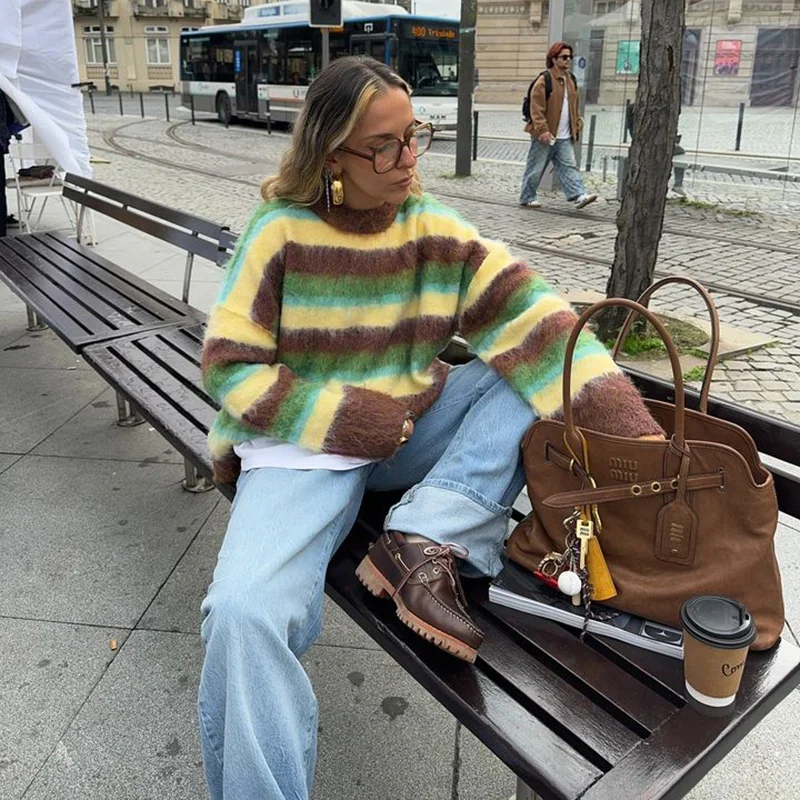 Colorful Stripe Knit Sweater for Women Retro Academic Style Pullover Soft Comfortable Casual Top with Relaxed Fit