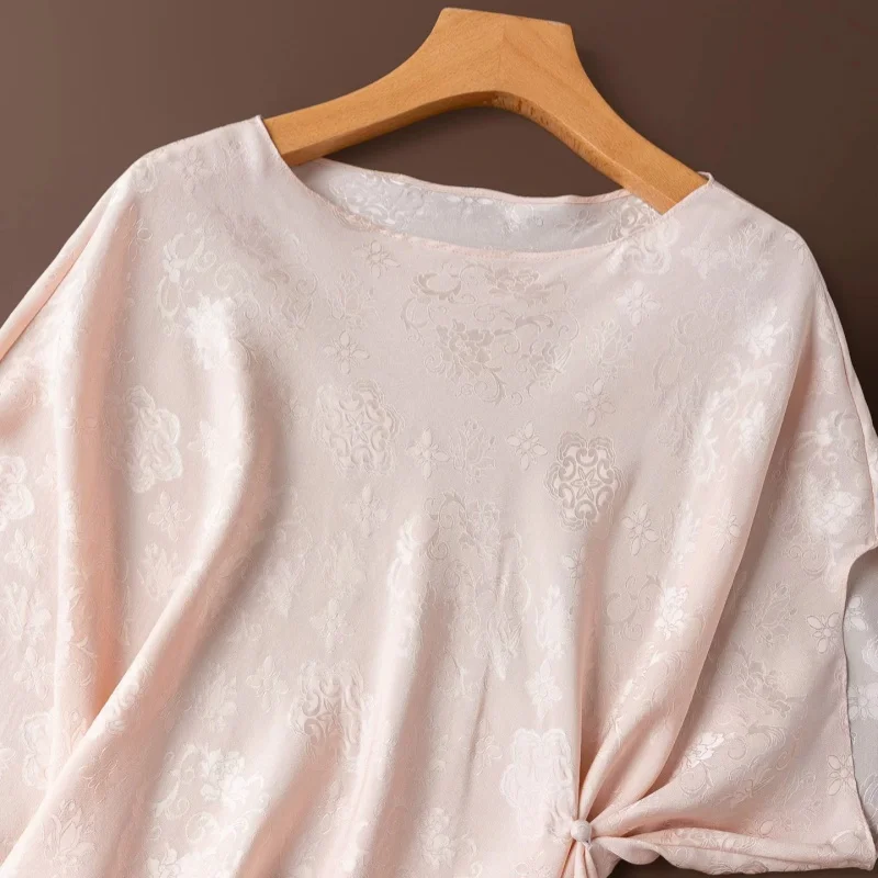 Birdtree, 100% Real Silk Bias-cut Tshirt, Slash Neck Batwing Sleeve Tops, Women Jacquard Full Hole Luo Shirt, 2026 New T65003JF