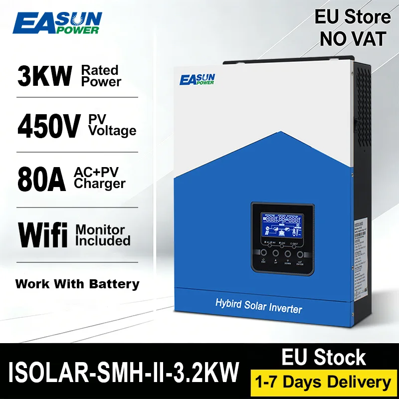 Easun Power 3200VA 3000W Solar Hybrid Off Grid Inverter MPPT 80A Zonnelader 24V Lifepo4 Lithiumbatterij 230VAC PV 60V-450VDC