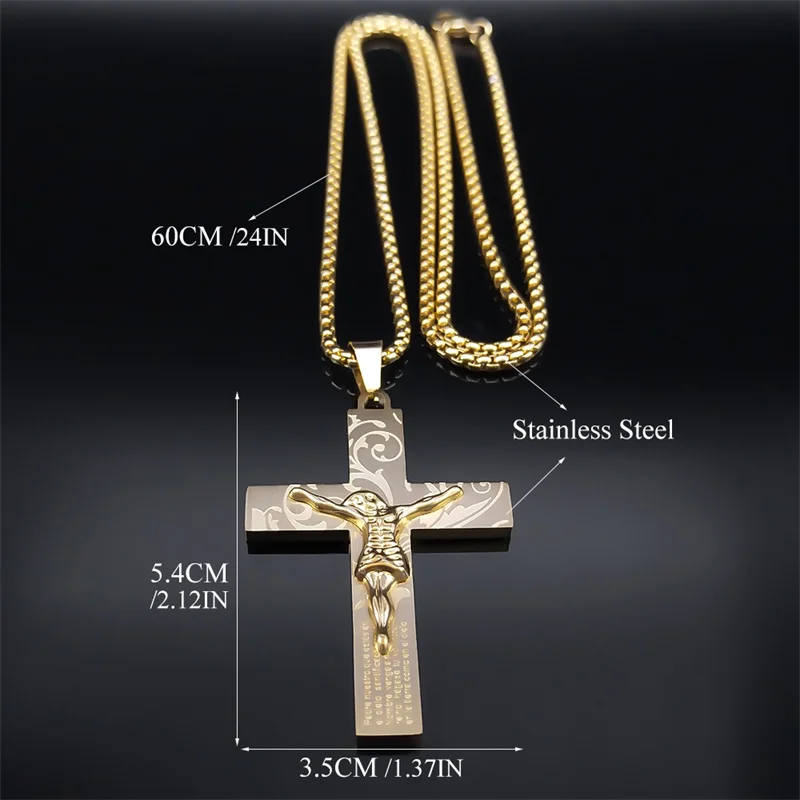 يسوع الصليب الصليب قلادة للنساء الرجال الفولاذ المقاوم للصدأ الذهب اللون الصلاة الدينية المعمودية القلائد مجوهرات colares N2352S